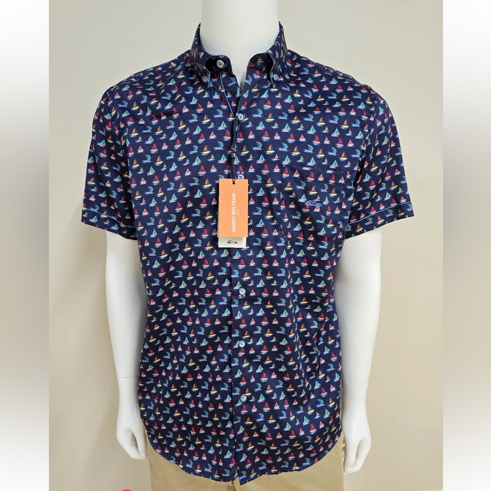 NWT Dario Beltran 1931 Navy Sailboat Short Sleeve Shirt- regular fit- L